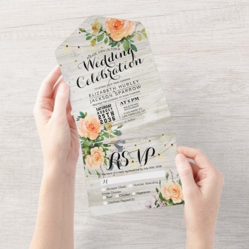 Peach Roses Rustic Wood String Lights Wedding RSVP All In One Invitation