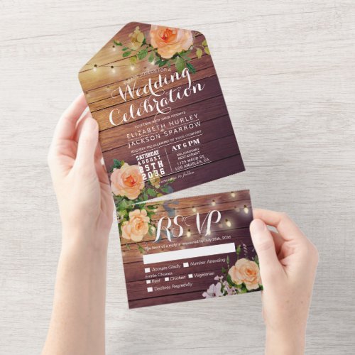 Peach Roses Rustic Wood String Lights Wedding RSVP All In One Invitation