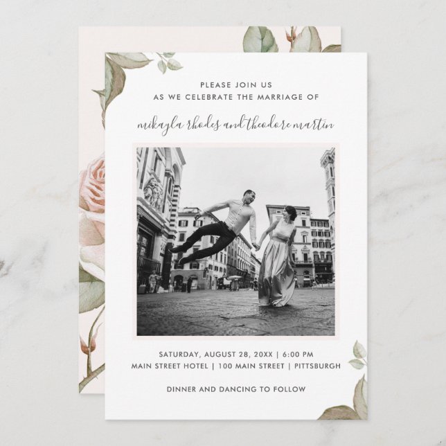 Peach Roses Wedding Photo Invitation (Front/Back)