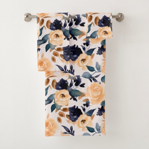 Peach Roses with Navy and Teal Bath Towel Set