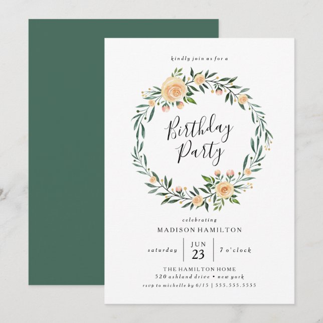 Peach Roses Wreath | Birthday Party Invitation (Front/Back)