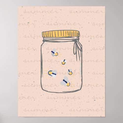 Peach Rough Sketch Fireflies in Mason Jar Poster