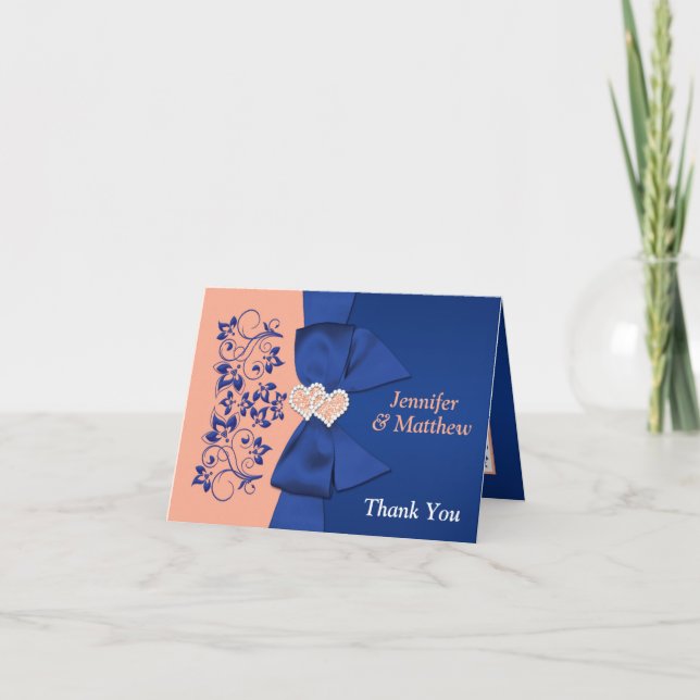Peach, Royal Blue Floral Wedding Thank You Note (Front)