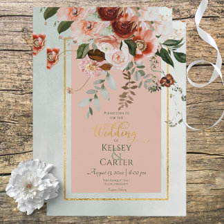 Peach & Rust Flowers Green Watercolor Wedding Invitation