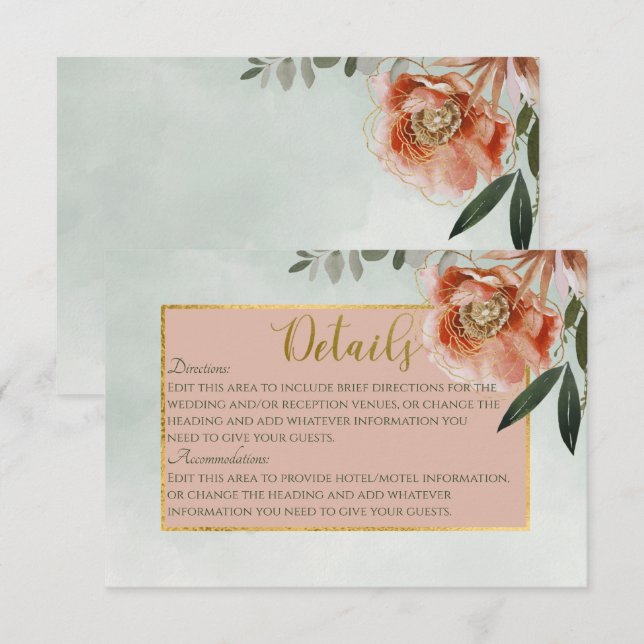 Peach & Rust Flowers on Green Details Wedding Enclosure Card (Front/Back)