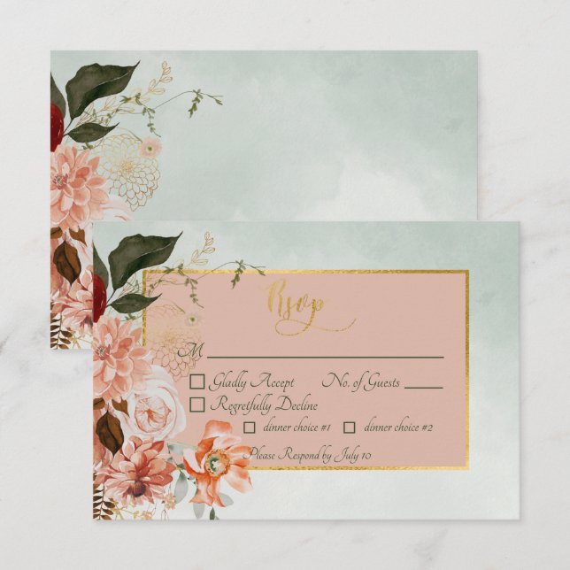 Peach & Rust Flowers on Green Wedding RSVP Card (Front/Back)