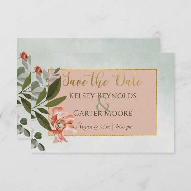 Peach & Rust Flowers on Green Wedding Save The Date (Front/Back)