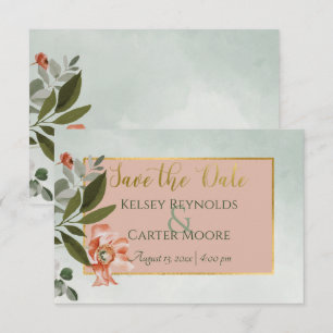 Peach & Rust Flowers on Green Wedding Save The Date
