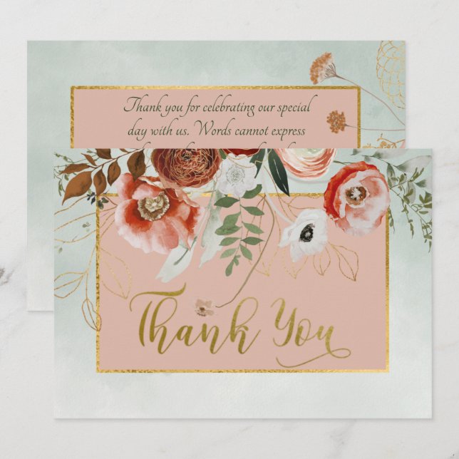 Peach & Rust Flowers on Green Wedding Thank You Card (Front/Back)