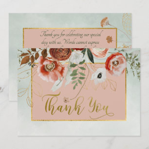 Peach & Rust Flowers on Green Wedding Thank You Card
