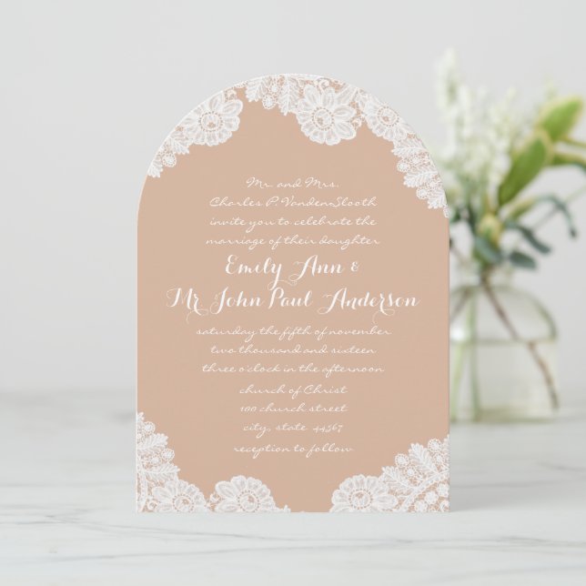 Peach Rustic Country Heirloom Lace Wedding Invitation (Standing Front)