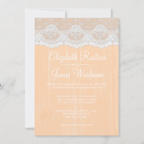 Peach Rustic Lace &amp; Barn Wood Wedding Invitations