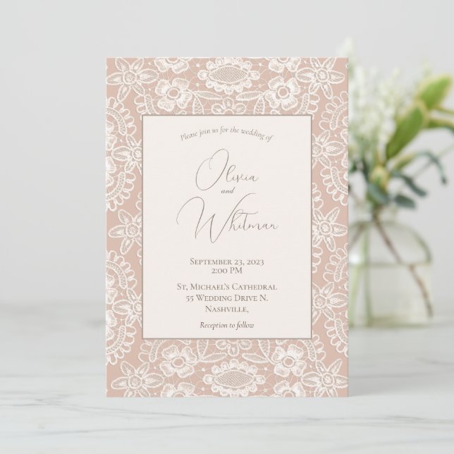Peach Rustic Lace Wedding Invitations (Standing Front)
