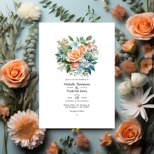 Peach Sage and Light Blue Floral Wedding Invitation