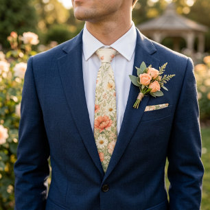Peach & Sage Floral Meadow Romantic Spring Men's Neck Tie