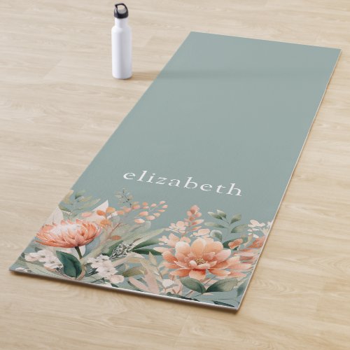Peach Sage Green Boho Watercolor Floral  Yoga Mat