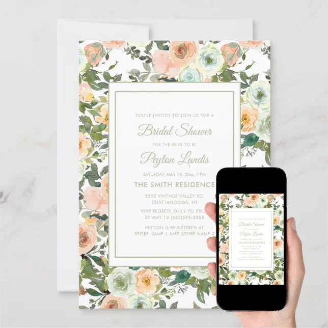 Peach Sage Green Dusty Blue Floral Bridal Shower Invitation | Zazzle