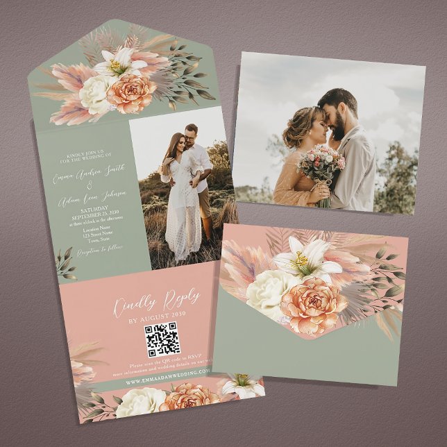 Peach Sage Green Floral QR Code Wedding All In One Invitation (Creator Uploaded)