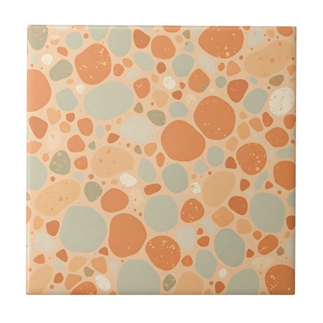 Peach Sage Green Pebble Pattern Abstract Organic  Ceramic Tile (Front)