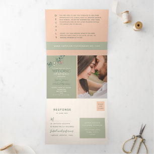 Peach Sage Green Tri-Fold Wedding Invite