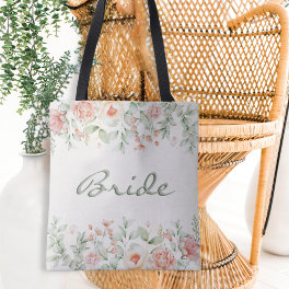 Peach Sage Green Watercolor Floral Bride Tote Bag