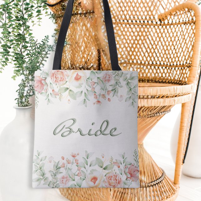Peach Sage Green Watercolor Floral Bride Tote Bag (Creator Uploaded)