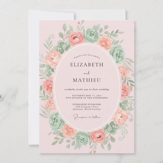 Peach Sage Wreath Wedding Invitation (Front)
