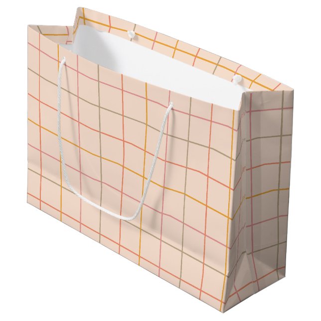 Peach Sage Yellow Plaid Grid Pattern Large Gift Bag (Front Angled)