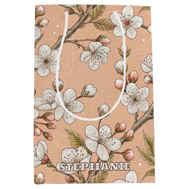 Peach Sakura Branches White Floral Botanical Medium Gift Bag (Front)