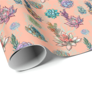 *~* Peach Salmon Blue Green Succulent Pattern Wrapping Paper