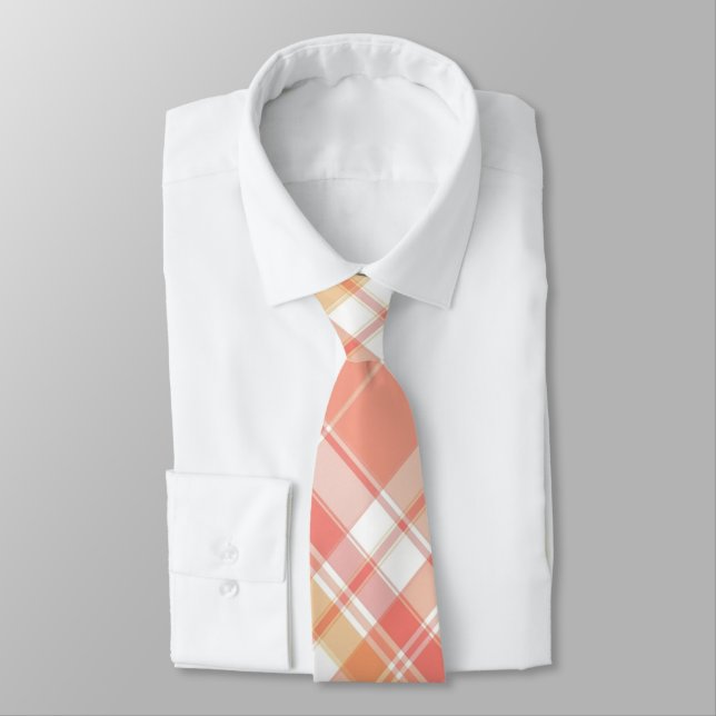 Peach, Salmon & White Plaid Neck Tie (Tied)