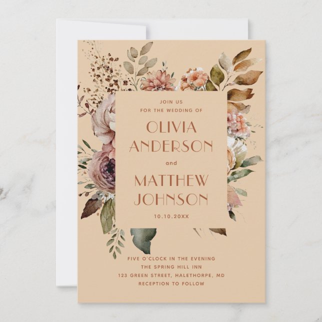 Peach Sand Floral Wedding. Fall Rustic Garden + QR Invitation (Front)
