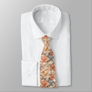 Peach Sand Seashell Starfish Coastal Pattern Neck Tie