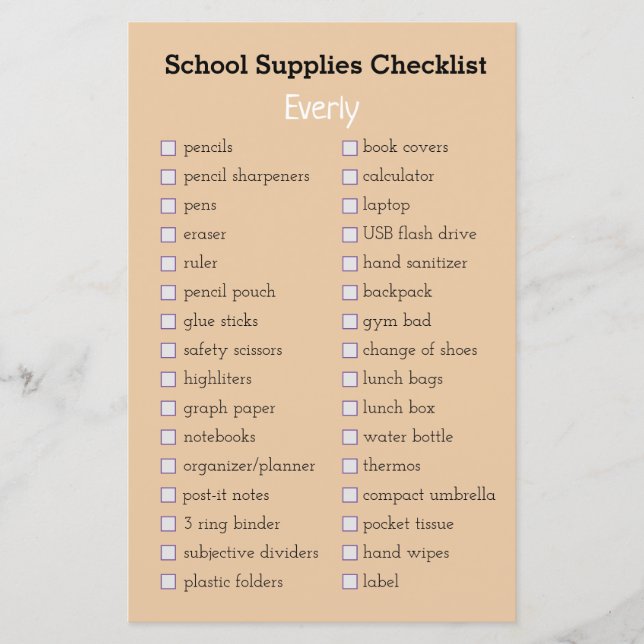 peach school supplies shopping list  (Front)