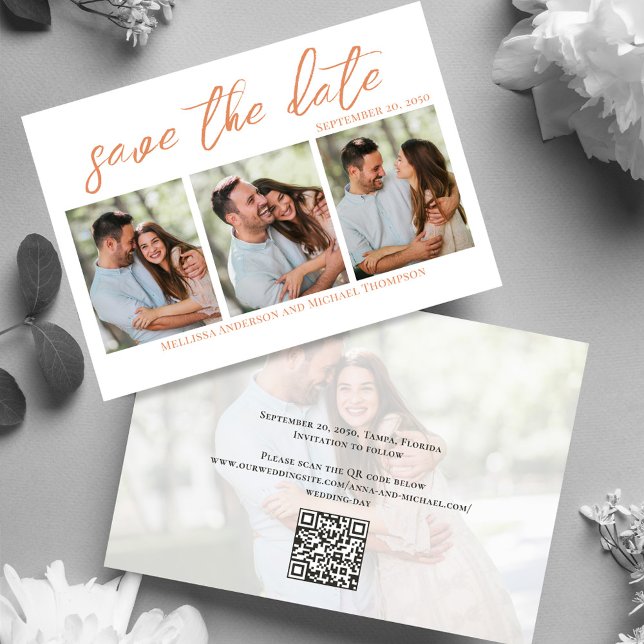 Peach Script Multi Photo Save the Date Wedding (Wedding save-the-date photo card with a scannable QR code. )