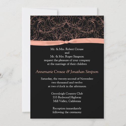 Peach Scrolls and Ribbon Wedding Invitation