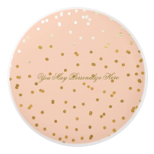 Peach Shiny Gold Faux Foil Confetti Dots Glam Ceramic Knob