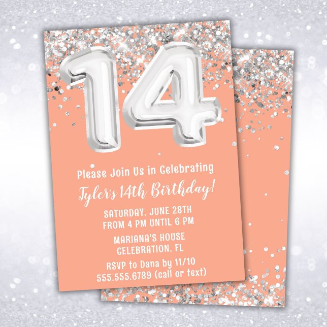 Peach Silver 14th Birthday Party Invitation (Creator Uploaded)