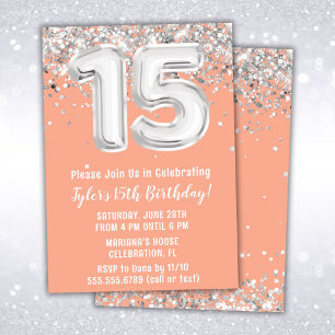 Peach Silver 15th Birthday Party Invitation