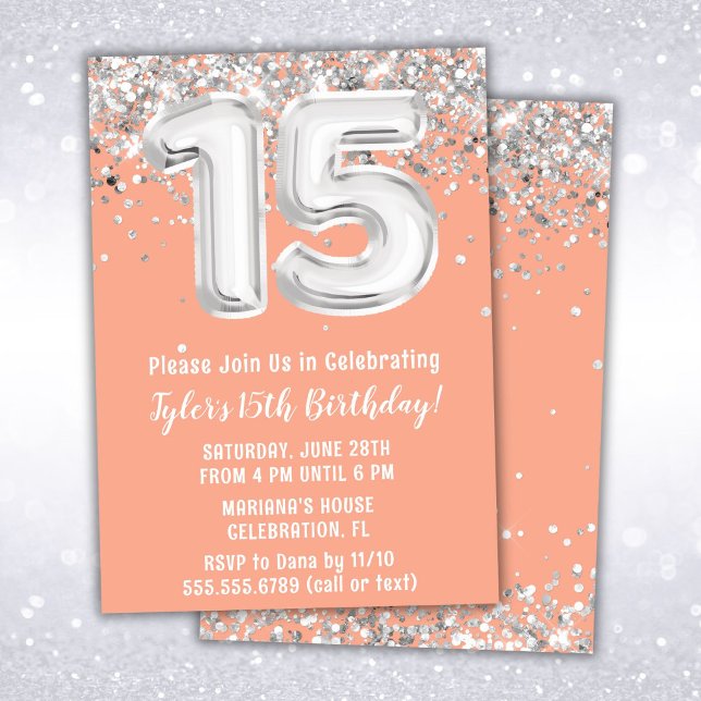 Peach Silver 15th Birthday Party Invitation (Creator Uploaded)
