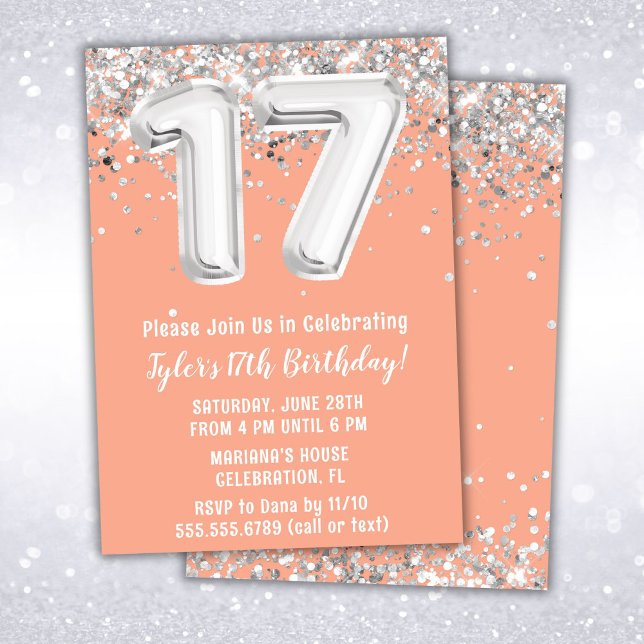 Peach Silver 17th Birthday Party Invitation (Creator Uploaded)
