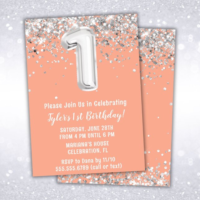 Peach Silver 1st Birthday Party Invitation (Creator Uploaded)