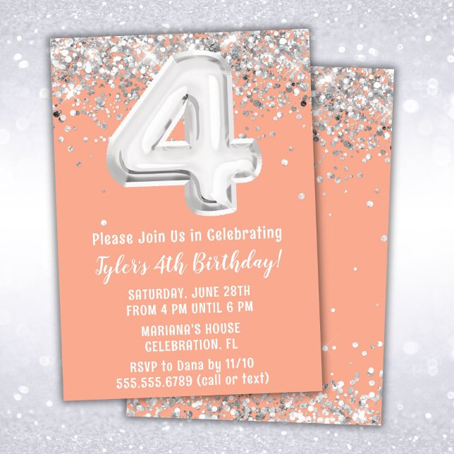 Peach Silver 4th Birthday Party Invitation (Creator Uploaded)