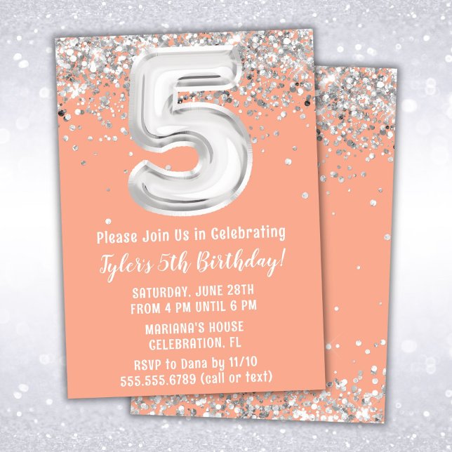 Peach Silver 5th Birthday Party Invitation (Creator Uploaded)