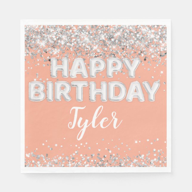Peach Silver Birthday Party Napkins (Front)