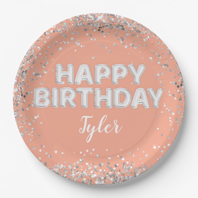 Peach Silver Birthday Party Paper Plates (Front)