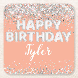 Peach Silver Birthday Party Square Paper Coaster