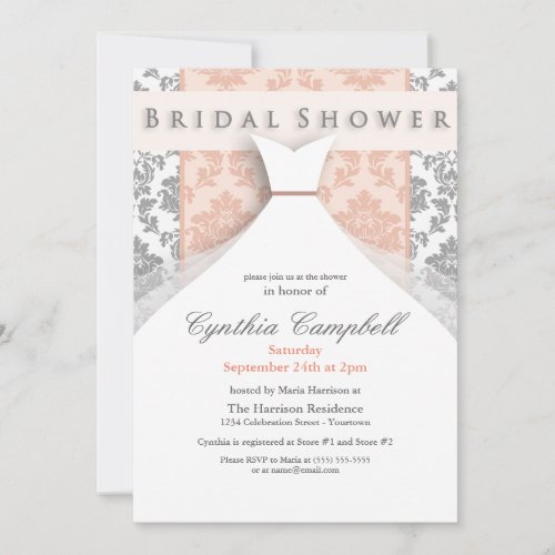Peach/Silver Damask Bridal Shower Invitations