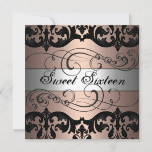 Peach/Silver Damask Sweet 16 Birthday Invitation