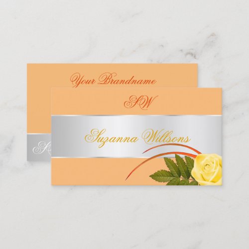 Peach Silver Decor Cute Rose Flower with Initials Business Card